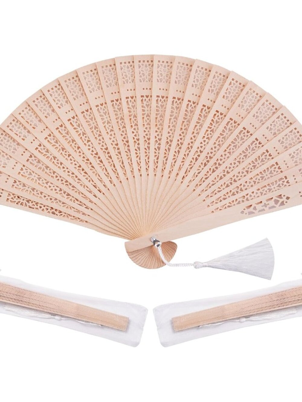 50 Set Sandalwood Fan Wooden Hand Fan Baby Shower Party Favors with Organza Bags